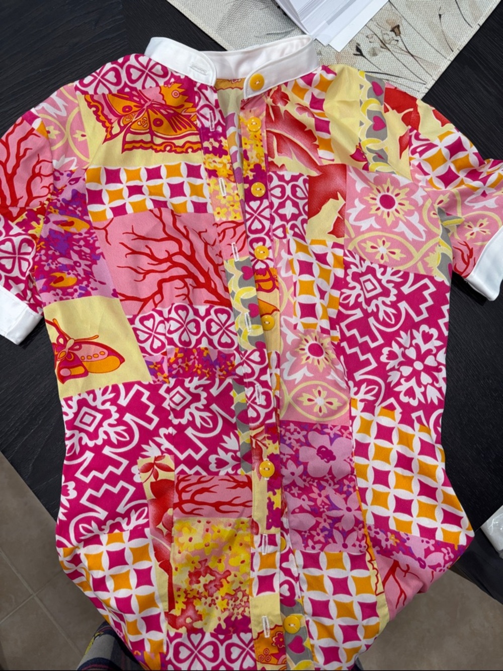 Vibrant Patchwork Button-Up Blouse in Pink & Yellow